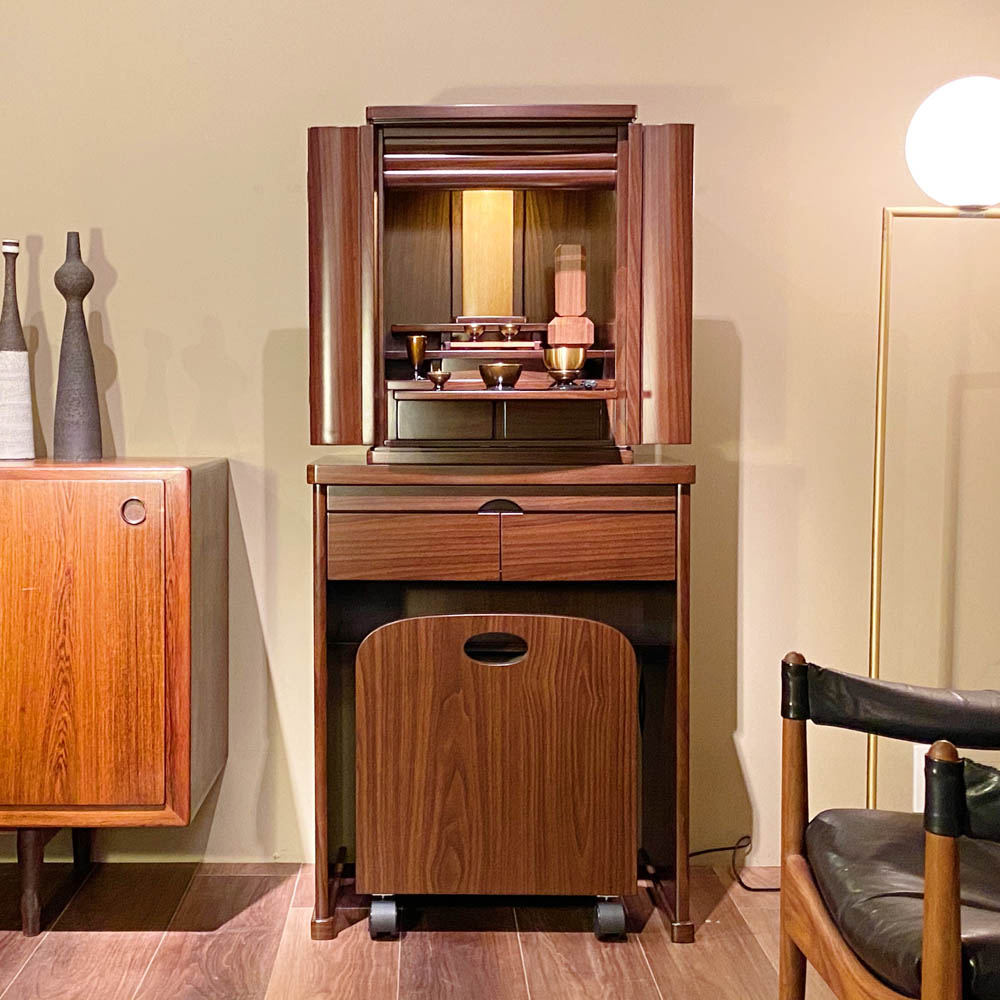 【シンプル仏壇】コンパクト上置タイプ+下台椅子セット（ダーク）MC-013-18+MC-024